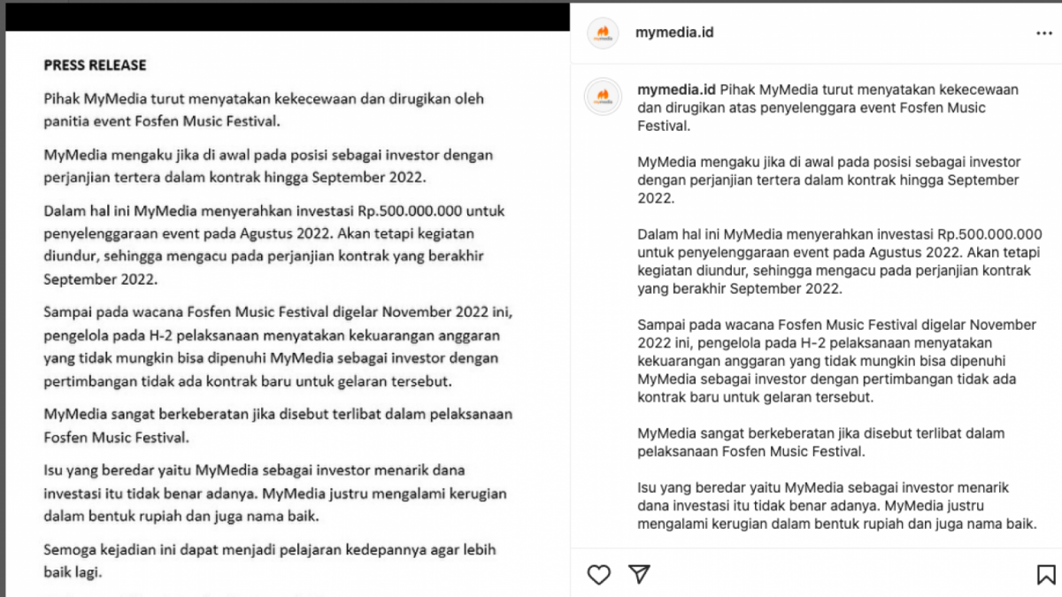 Pernyataan klarifikasi dari pihak investor My Media [Foto: Instagram Tangkapan Layar]