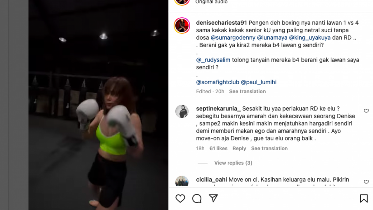 Postingan Denise Chariesta yang mengajak Luna Maya, Uya Kuya dan Denny Sumargo untuk adu jotos di atas ring [Foto ; Tangkapan Layar Instagram Denise Chariesta]