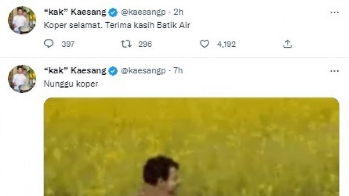 Cuitan anak Presiden Jokowi bernama Kaesang Pangarep yang sedang menunggu koper miliknya dibawa terbang sama Batik Air. [Foto: Twitter/@kaesangp]