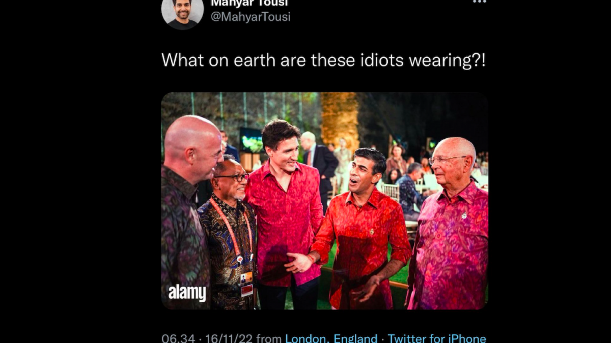 Cuitan dari seorang Youtuber yang diduga menghina batik Indonesia dalam KTT G20. [Foto Tangkapan Layar Twitter]