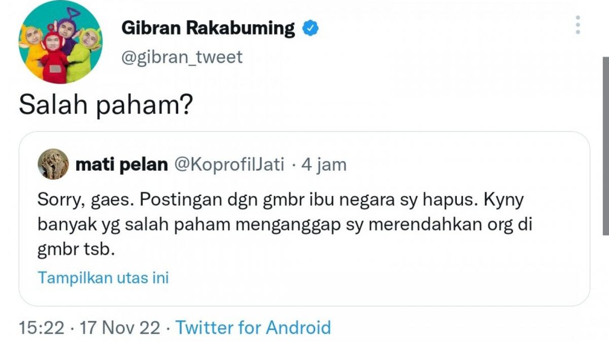 Cuitan Gibran Rakabuming yang mempertanyakan maksud dari akun Twitter yang dianggap merendahkan ibunya. [Foto Tangkapan Layar Twitter]