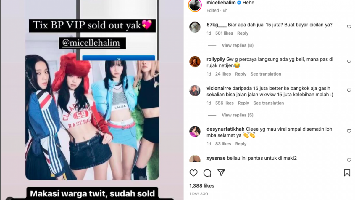 Postingan dari selebgram bernama Michelle Halim yang menjual harga tiket konser BLACKPINK dengan harga yang fantastis. [Foto: Tangkapan Layar Instagram]