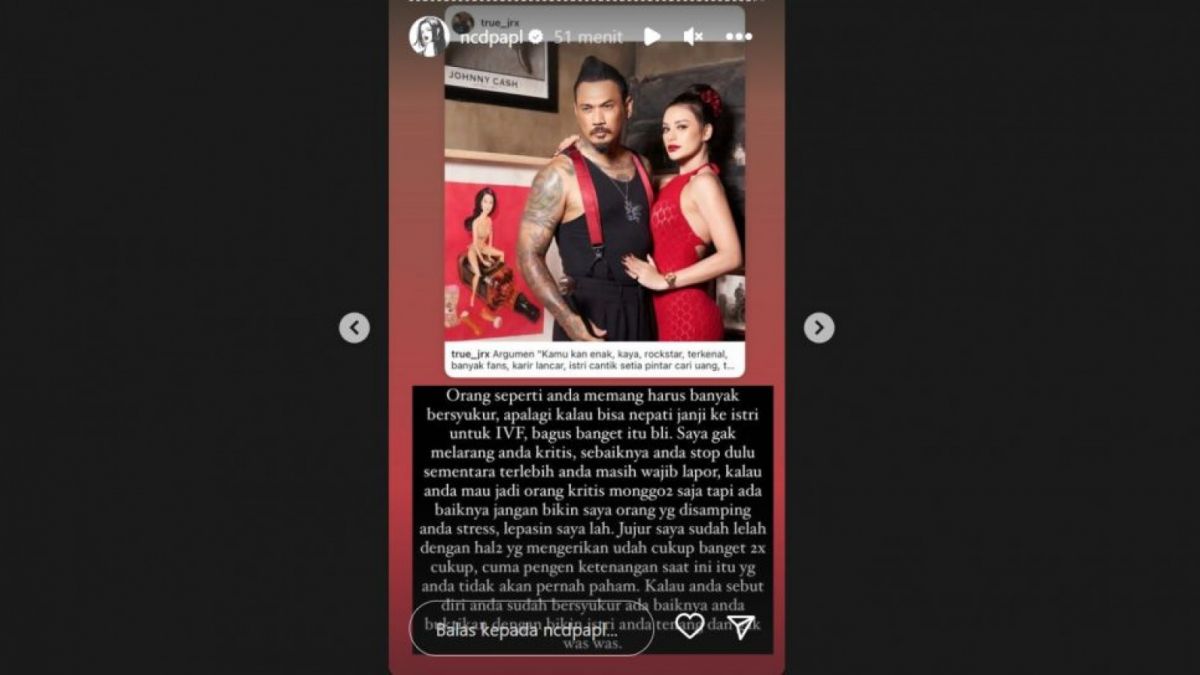 Unggahan dari Nora Alexandra terkait dengan rasa kecewanya dengan tingkah laku dari suaminya bernama Jerinx SID [Foto: Instagram - @ncdpapl]