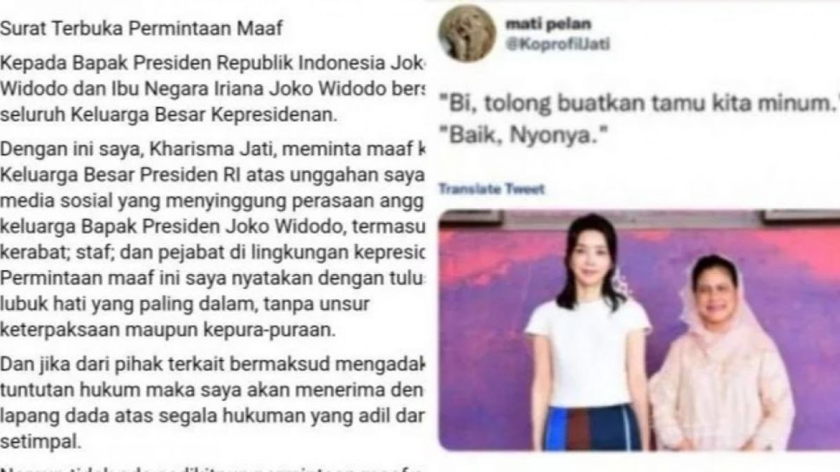 Permintaan Maaf Kharisma Jati yang diduga sudah menghina ibu negera Iriana Jokowi. Menurut pakar hukum kemungkinan tak bisa diproses hukum kalau tidak ada gubrisan dari Presiden Jokowi [Foto: Akun Media Sosial Kharisma Jati]