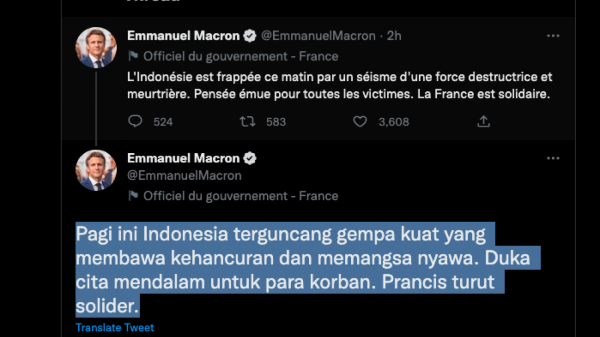 Cuitan Presiden Prancis Emmanuel Macron turut berempati menyampaikan rasa duka atas gempa yang terjadi di Indonesia. [Foto Tangkapan Layar Twitter]