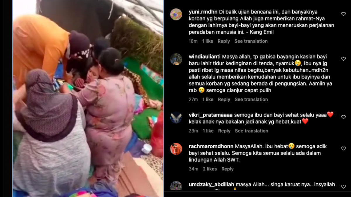 Postingan Instagram, yang mengunggah seorang ibu yang sedang melahirkan, di posko pengungsian korban Gempa Cianjur.