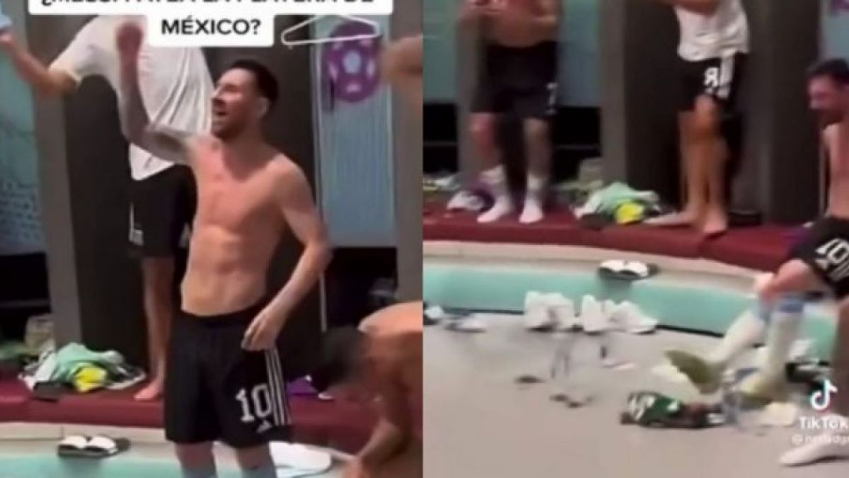 Lionel Messi mendapatkan kecaman karena dituding menginjak dan membersihkan lantai pakai kaos Meksiko ketika perayaan kemenangan Argentina di Piala Ddunia 2022 [Foto: Twitter.]