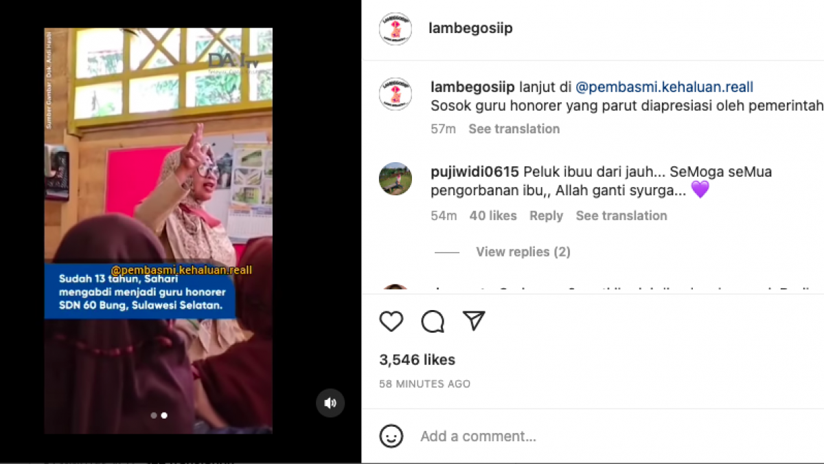 Postingan akun Instagram @lambegosiip, yang menceritakan kisah Sahari.