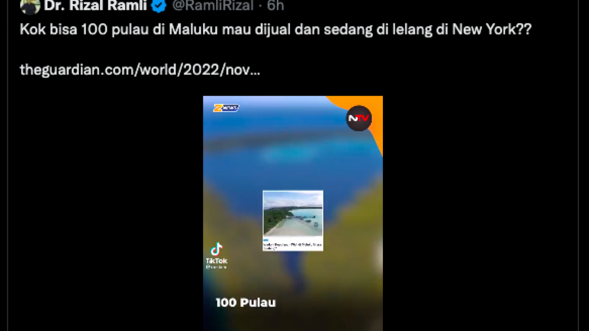 Postingan Rizal Ramli di Twitter soal rencana pelelangan 100 Pulau di Maluku