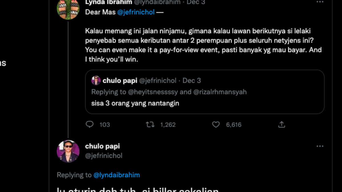Jawab Jefri Nichol ketika di tantang untuk melawan Guiddo Illyasa turut menyeret nama Rizky Billar. Bahkan nama Vindes juga turut terseret oleh netizen. [Foto: Tangkapan Layar Akun Twitter]