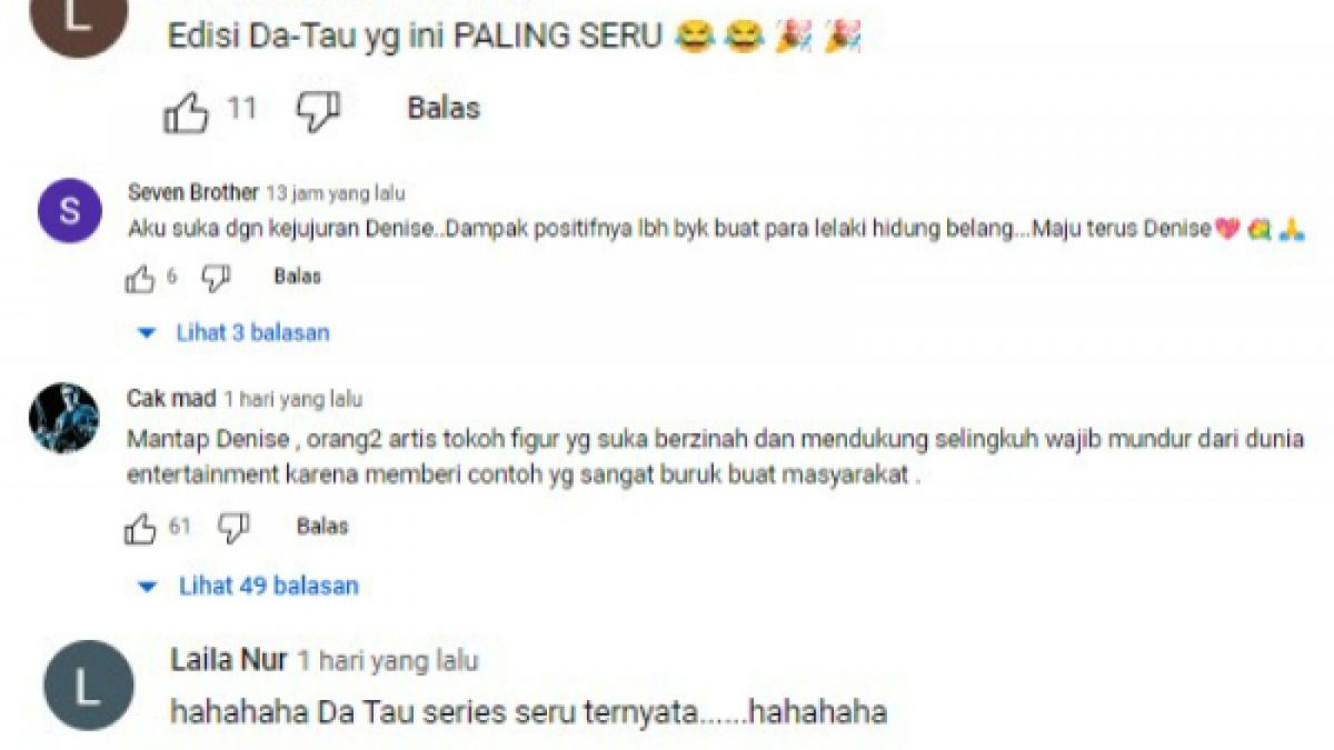 Komentar dukungan netizen di YouTube Denise Chariesta [YouTube Denise Chariesta]