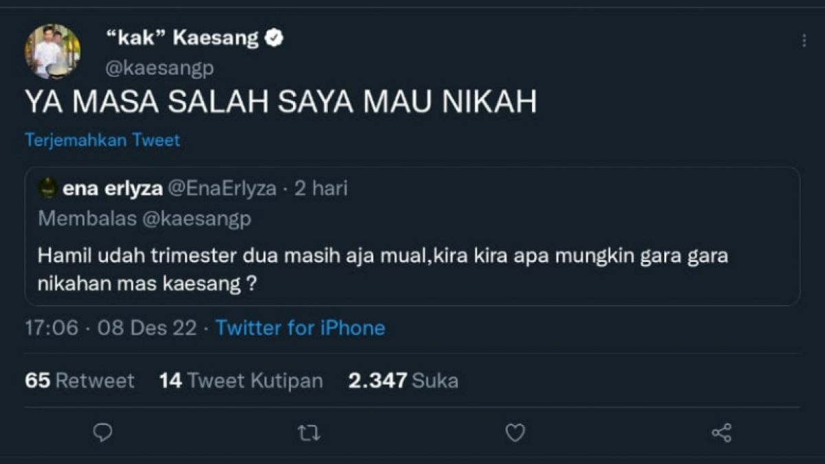 Kaesang memberikan komentar pada cuitan sang ibu hamil [Twitter @kaesangp]