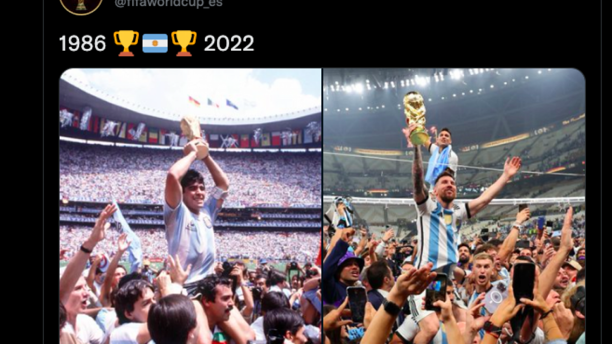 Foto Lionel Messi yang sedang memgangkat piala juara dunia mirip dengan foto dari Maradona [Foto: Twitter]
