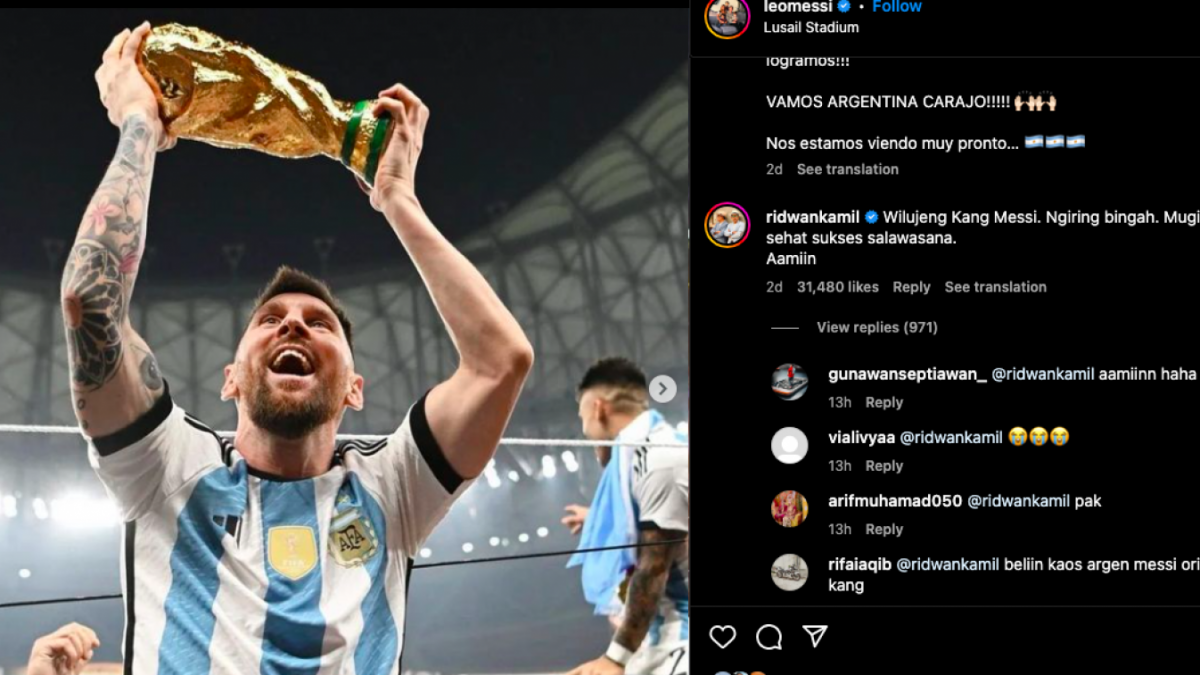 Asiknya Ridwan Kamil nongol di kolom komentar Instagram pribadi Lionel Messi ajak ngobrol apkai bahasa sunda [Foto: Instagram Lionel Messi.]