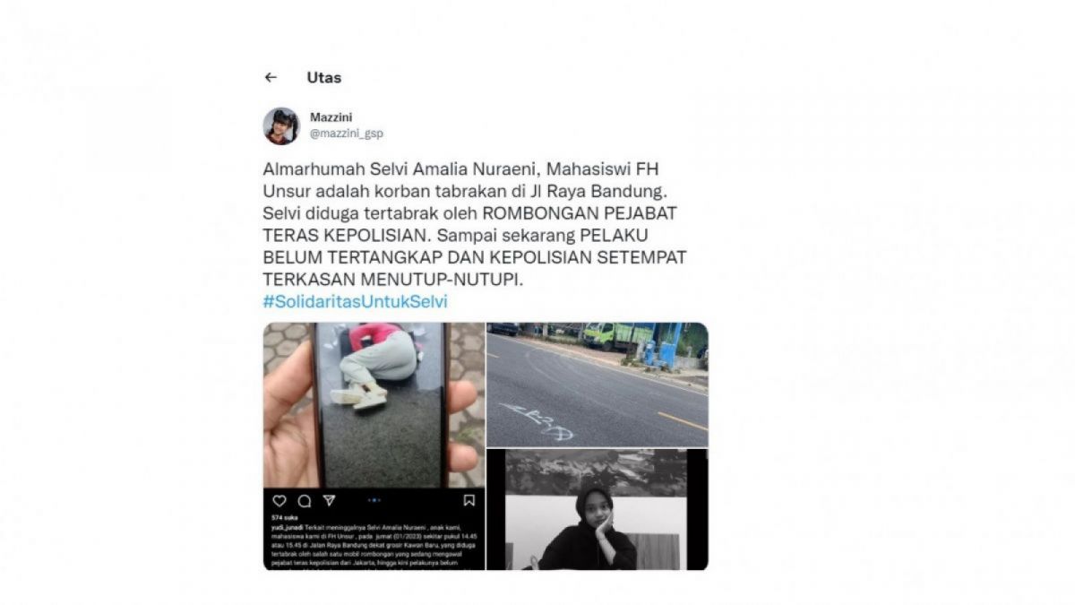 Heboh kabar mahasiswa di Cianjur yang tewas diduga menjadi korban tabrak lari rombongan pejabat. [Foto: Tangkapan Layar Twitter]