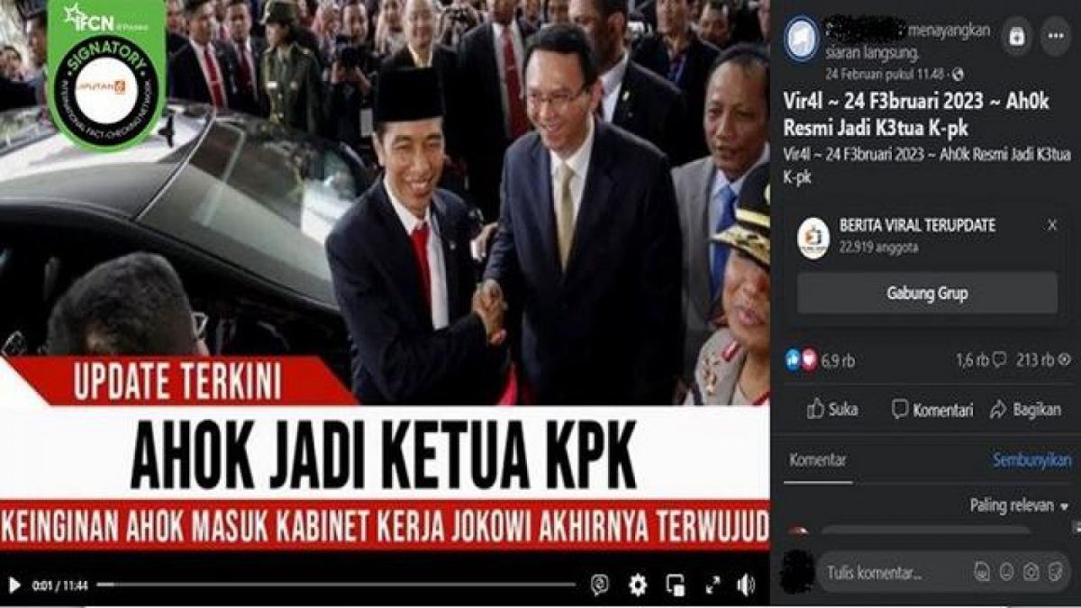 Sbeuah akun Facebook menyebutkan kalau Ahok resmi menjadi Ketua Komisi Pemberantasan Korupsi. [Foto: Tangkapan Layar Media Sosial]