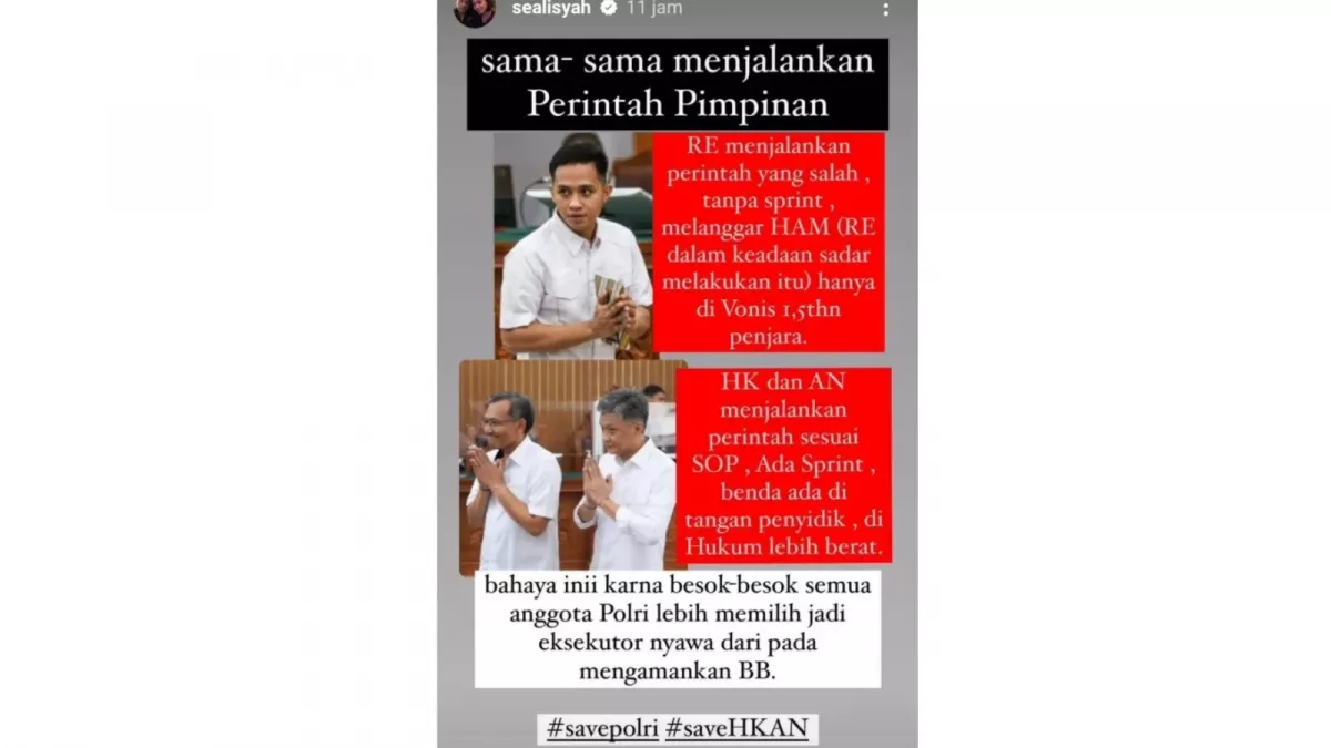 Postingan Seali Syah, istri Hendra Kurniawan yang menyindir atas hukuman vonis yang dijatuhi terhadap suaminya. [Foto Tangkapan Layar Instagram]