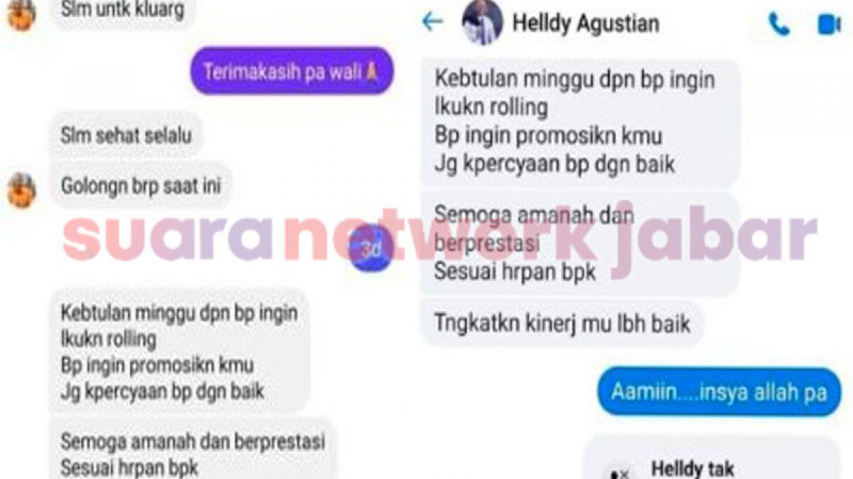 Tangkapan layar percakapan antara terduga Wali Kota Cilegon Helldy Agustian dengan salah satu ASN Pemkot Cilegon. [Dok. Suara Network Jabar.]