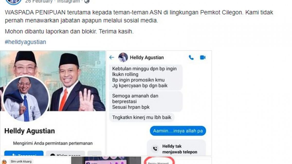 Klarifikasi resmi dari Wali Kota Helldy Agustian melalui akun Facebook yang asli, terkait tawaran promosi jabatan terhadap ASN di lingkungan Pemkot Cilegon melalui chat messenger, Jumat (10/3/2023). [Facebook - H. Helldy Agustian, SE, SH.]