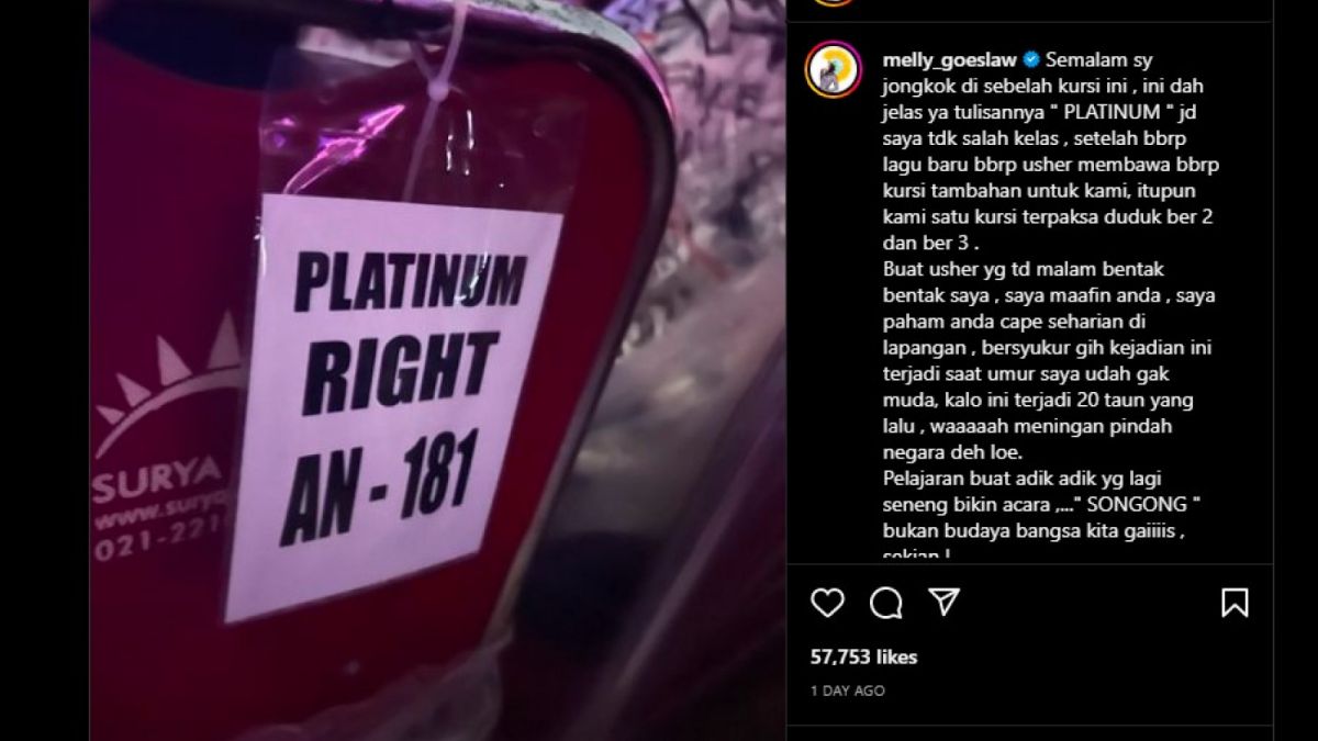 Unggahan foto Melly Goeslaw yang mengeluhkan dirinya tidak kebagian kursi penonton, meski sudah membayar penuh tiket konser Blackpink, Senin (13/3/2023). [Foto: Tangkapan layar Instagram - @melly_goeslaw.]
