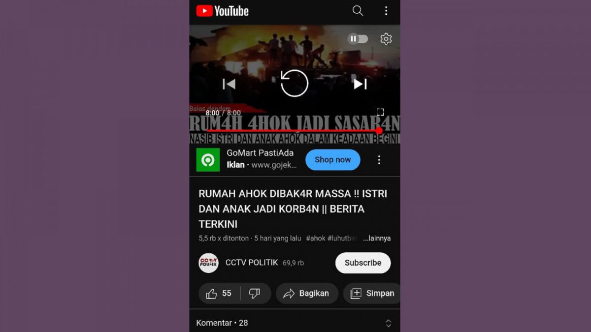 Video yang menyebut rumah Komisaris Utama PT Pertamina, Basuki Tjahaja Purnama (Ahok) dibakar massa warga Plumpang, Jakarta Utara, Senin (12/3/2023). [Gambar: Tangkapan layar YouTube CCTV Politik.]
