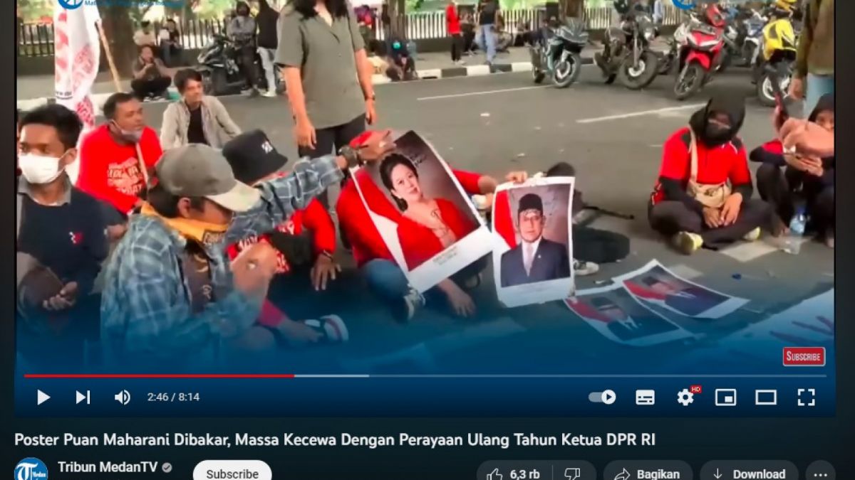 Video yang menampilkan aksi pembakaran foto Puan Maharani merupakan salah satu aksi massa di Medan, Sumatera Utara 8 September 2022 lalu. [YouTube - Tribun MedanTV]