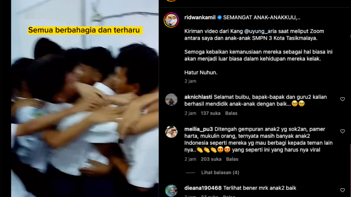 Siswa SMPN 3 Kota Tasikmalaya mendapatkan apresiasi dari Gubernur Jawa Barat, Ridwan Kamil usai aksi mereka viral di media sosial Tiktok. [Foto: Instagram Ridwan Kamil]