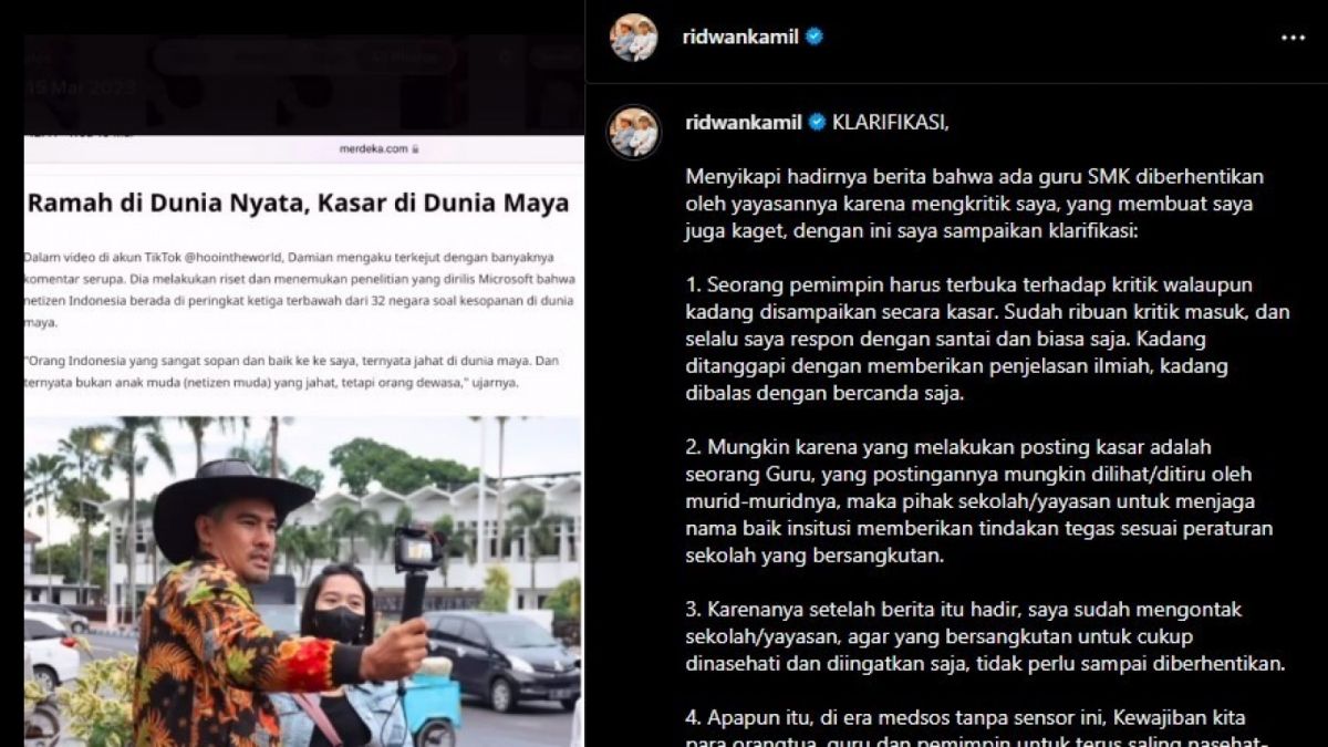 Klarifikasi Gubernur Jabar Ridwan Kamil terkait isu dipecatkan guru SMK asal Cirebon, Muhammad Sabil, Rabu (15/3/2023). [Foto: Tangkapan layar Instagram @ridwankamil.]