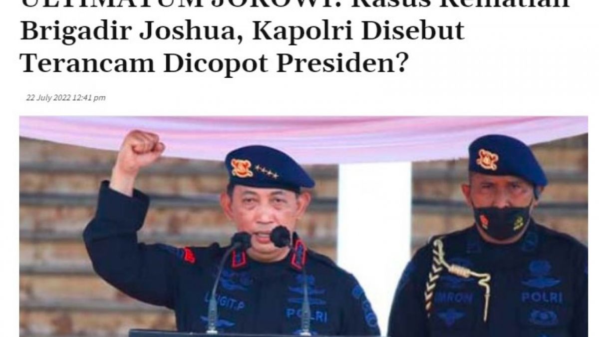 Potongan tangkapan layar artikel Manado Post, artikel yang digunakan untuk menarasikan video Jokowi pecat Kapolri Listyo Sigit Prabowo. Diterbitkan pada 22 Juli 2022. [Foto: Tangkapan layar Manado Post.]