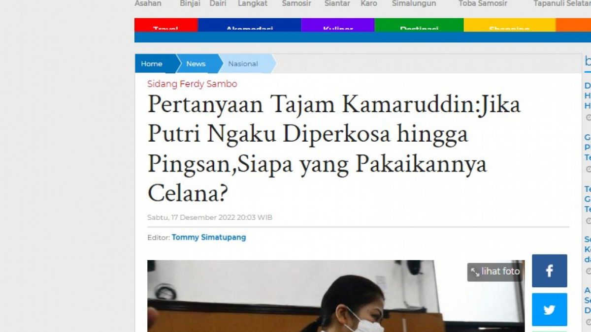 Artikel yang digunakan sebagai narasi video Kuat Ma'ruf akui pasang celana dalam Putri Candrawathi, Sabtu (25/3/2023). [Foto: Tribun Medan.]