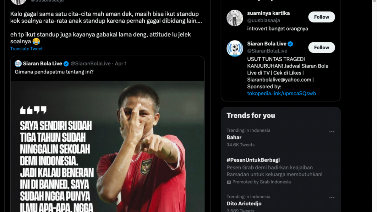 Komentar Uus dalam cuitan Twitternya yang menilai kalau atitud Hokky Caraka jelek ketika para pemain timnas sedang sedih batalnya Piala Dunia U20 2023. [Foto: Tangkapan Layar Twitter]