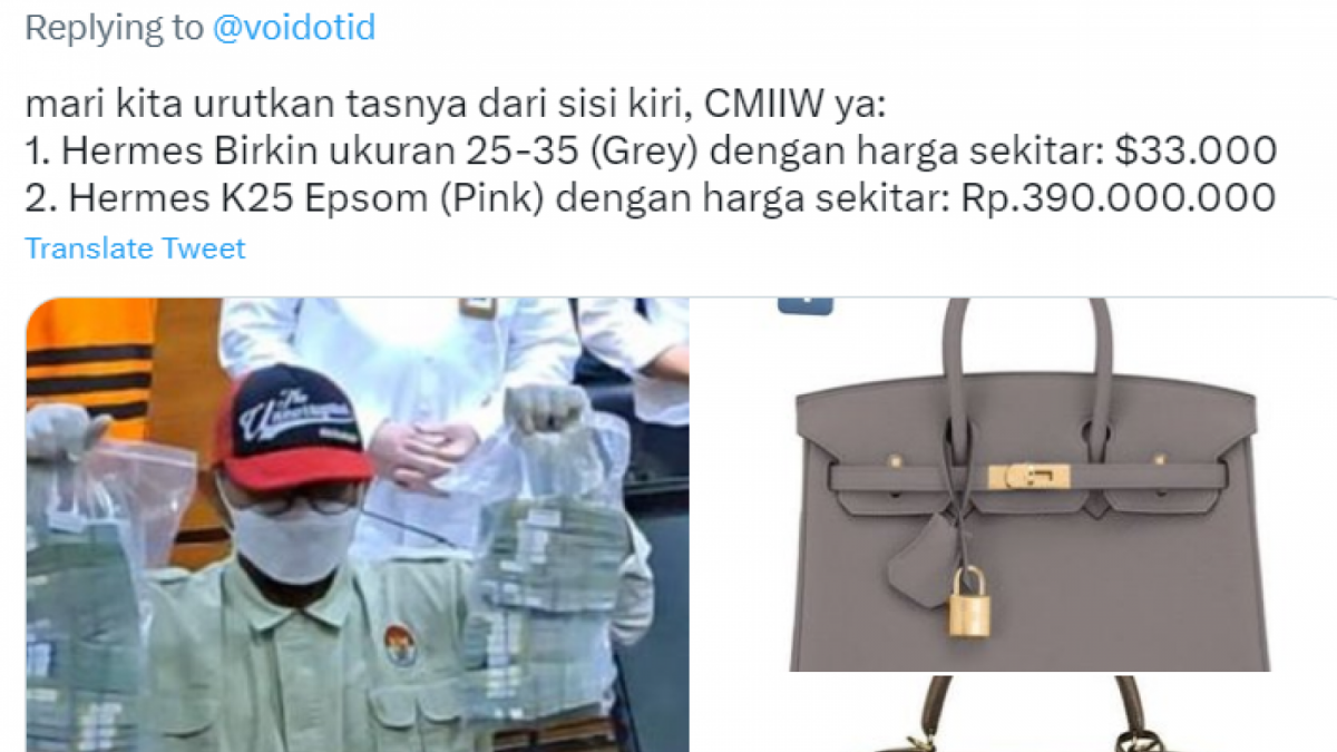 Beberan harga dari tas mewah yang menjadi barang bukti sitaan oleh KPK [Twitter]