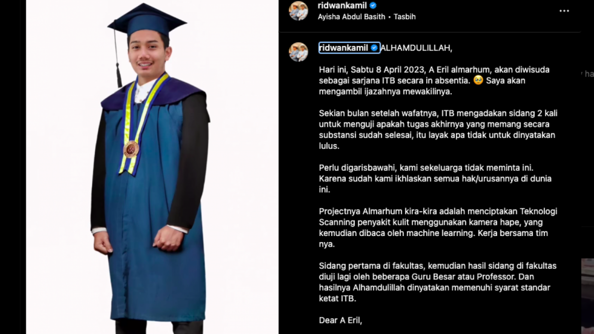 Postingan Ridwan Kamil terkait dengan gelar sarjana yang didapatkan oleh almarhum Eril. [Foto: Instagram]