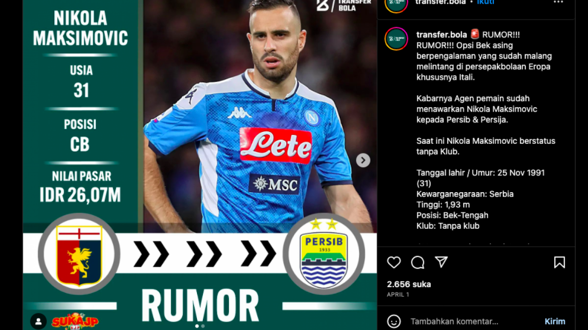 Nama Nikola Maksimovic dikabarkan juga ditawarkan oleh agennya ke Persib dan Persija dalam bursa transfer pemain di musim nanti. [Foto: Instagram]