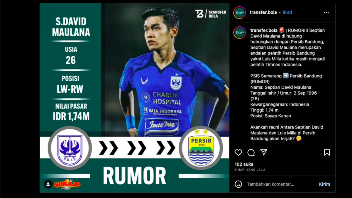 Nama Septian David Maulana menjadi rumor kalau dirinya jadi bidikan sebagai salah satu pemain yang diincar Persib Bandung [Foto: Instagram]