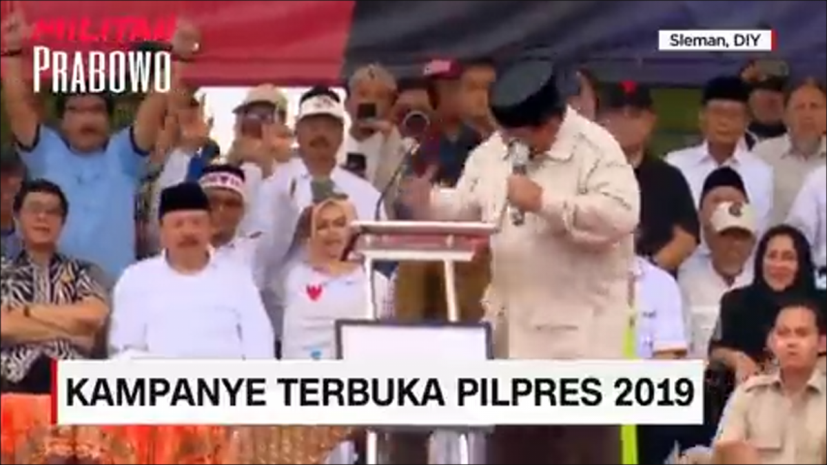 Tangkap layar Prabowo Subianto ketika gebrak podium saat kampanye Pilpres 2019 [Twitter @bengkeldodo]