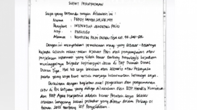 Suaminya Jadi Tersangka, Seali Syah Unggah Surat Ferdy Sambo: Brigjen Hendra Tidak Terkait Perusakan CCTV