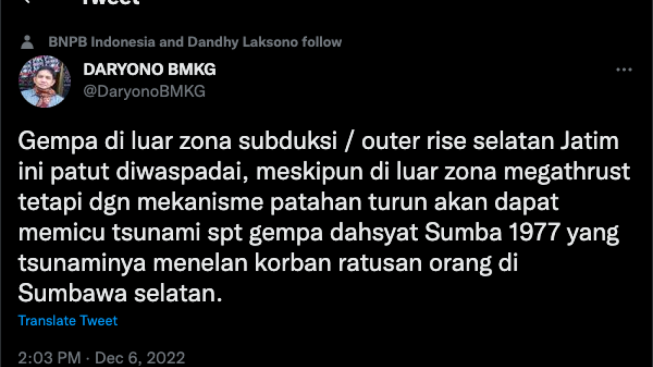 Daryono Sebut Gempa Jatim Dikaitkan dengan Tsunami Sumba 1977, Begini Sejarahnya