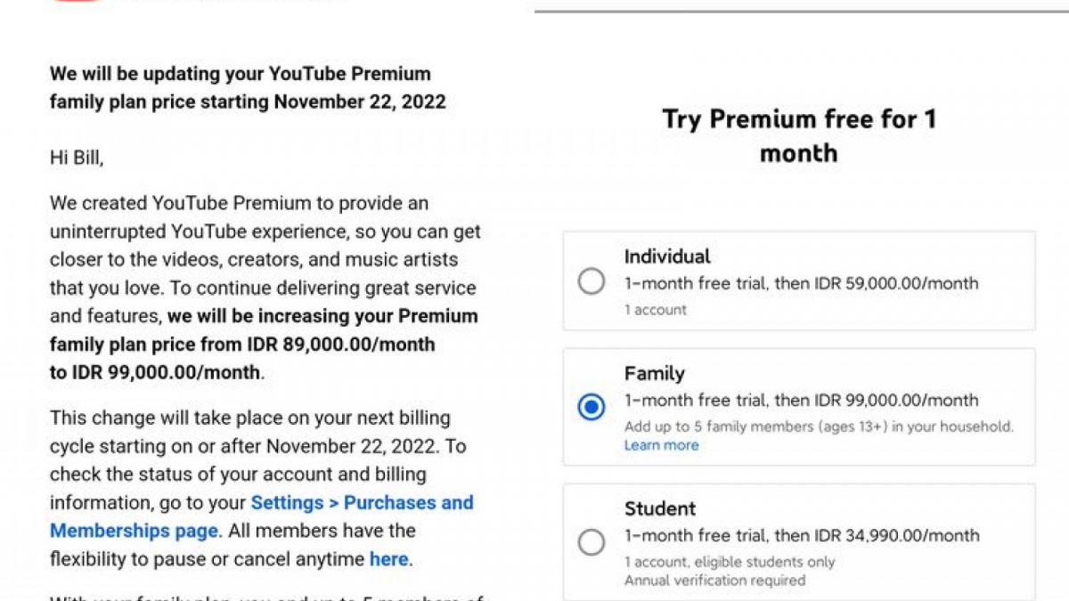 Laman harga langganan YouTube [Kompas/Bill Clinten]