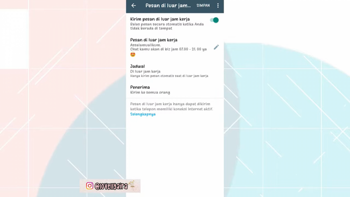 Gambaran laman 'Pesan di luar jam kerja' di WhatsApp Business [YouTube/lovelly aira]