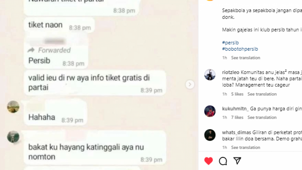 Potongan percakapan soal adanya pembagian tiket pertandingan Persib Bandung melawan Dewa United pada Jumat (14/7/2023) secara cuma-cuma oleh partai politik. [(Instagram @/unitedcolors33)]