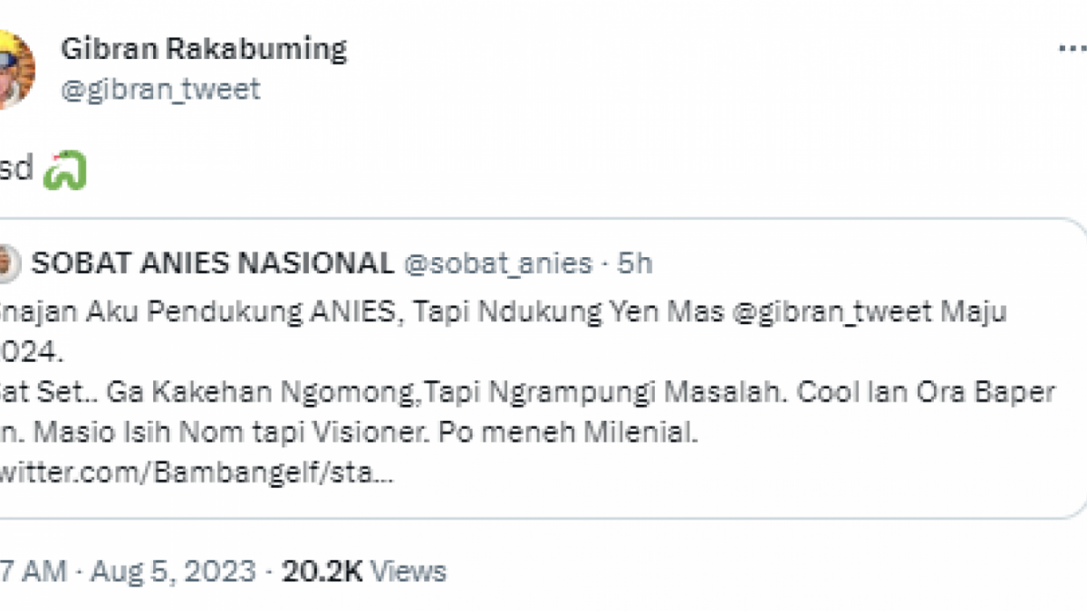 Wali Kota Solo Gibran Rakabuming Raka membalas cuitan pendukung Anies [Twitter @gibran_tweet]