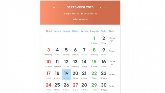 Kalender Jawa September 2023 dengan Weton