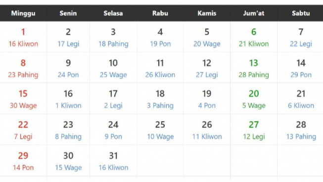 Kalender Jawa Lengkap Dengan Hari Pasaran Dan Wuku Off