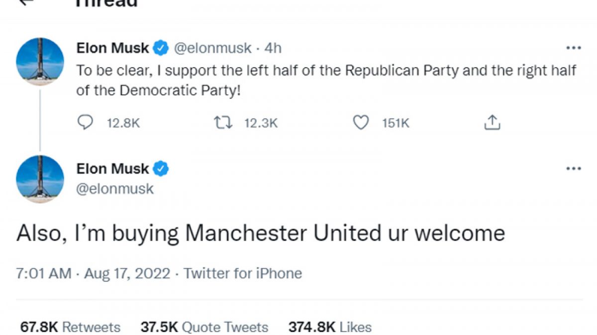 Cuitan Elon Musk akan membeli MU. [Twitter @elonmusk]