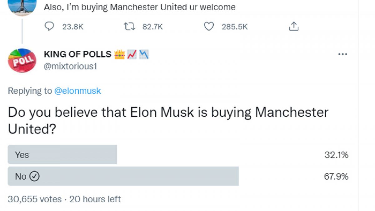Poling atas cuitan Elon Musk akan membeli MU. [Twitter]