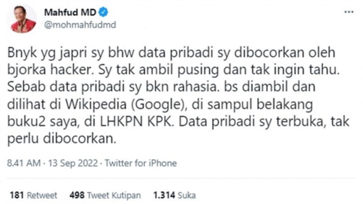 Tangkapan layar cuitan Mahfud MD yang tidak ambil pusing data pribadinya dibocorkan hacker Bjorka. [Twitter/@mohmahfudmd]