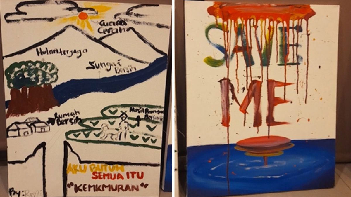 Beberapa karya lukis dalam acara 350.id di Denpasar yang dipandu seniman Made Bayak. [Rovin Bou/ Suara Denpasar]