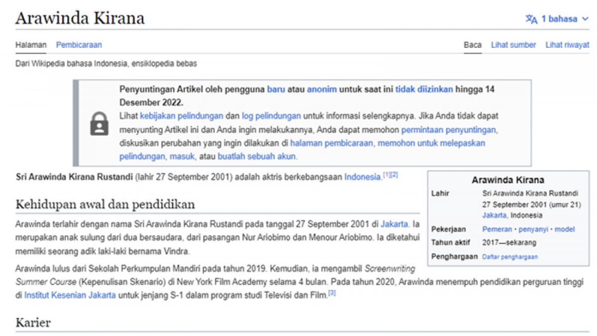 Wikipedia membatasi penyintungan profil Arawinda Kirana setelah sempat diubah jadi perusak rumah tangga pasutri Guiddo Ilyasa Purba dan Amanda Zahra. [Wikipedia.org]
