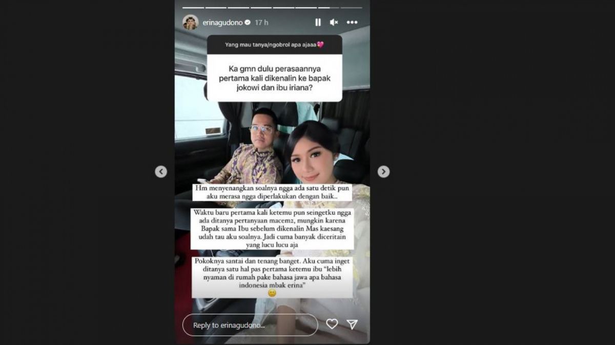 Erina Gudono Ungkap Pertama Kali Ketemu Presiden Jokowi dan Ibu Iriana [InstaStory/@erinagudono]